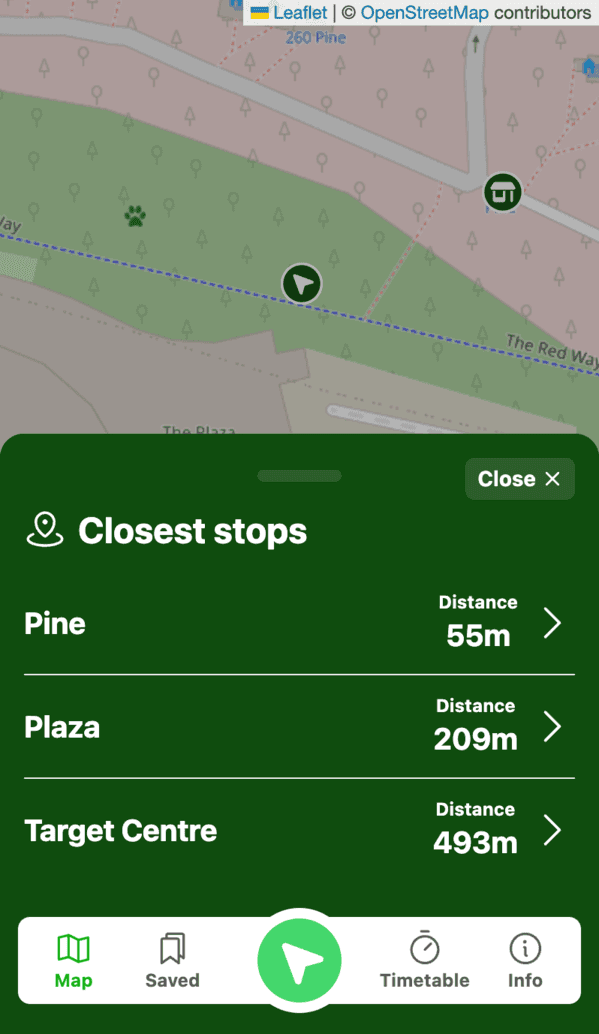 screenshot demoing Find nearby stops